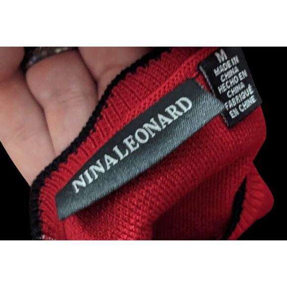 Nina Leonard Black And Red Jacquard Bell Sleeve Sweater Dress - Picture 4 of 7